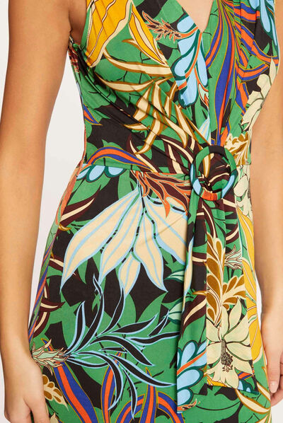 Vestido largo recto estampado vegetal multicolor mujer