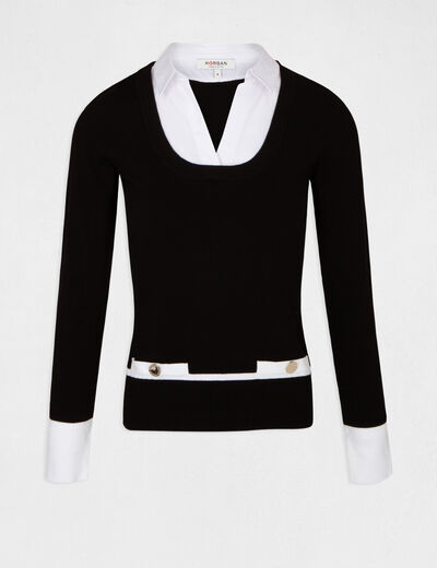 Jersey manga larga con doble cuello negro mujer