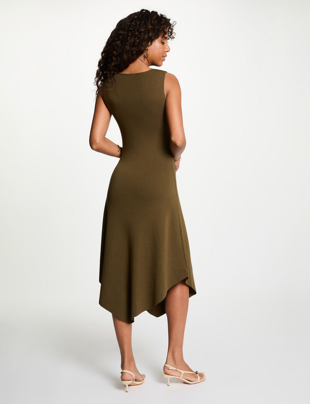 Vestido de punto con cuello en V verde caqui mujer