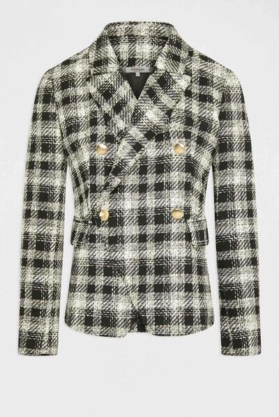 Chaqueta entallada estampado de cuadros negro mujer