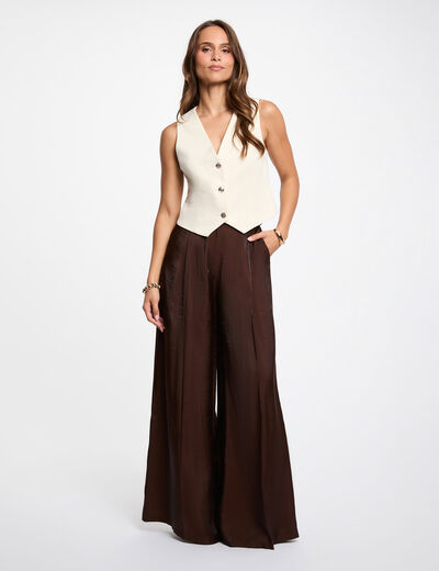 Pantal&oacute;n ancho de tiro alto marr&oacute;n oscuro mujer