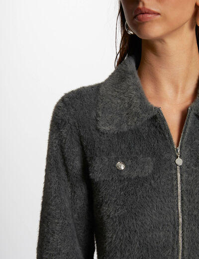 Cárdigan manga larga cuello de solapa gris anthracite mujer