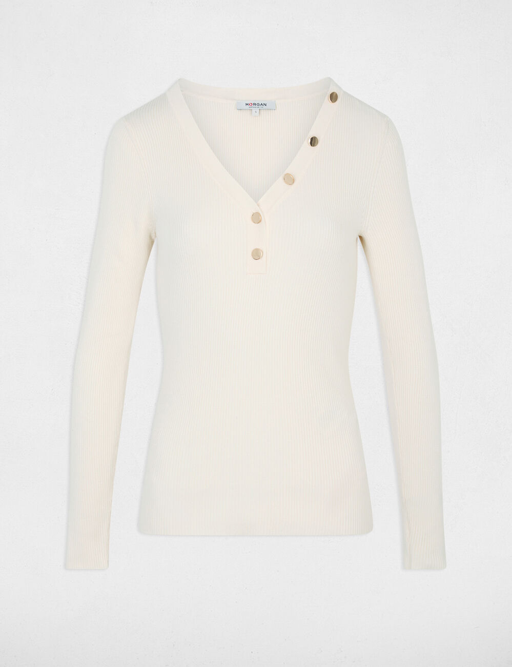 Jersey ajustado con cuello en V marfil mujer