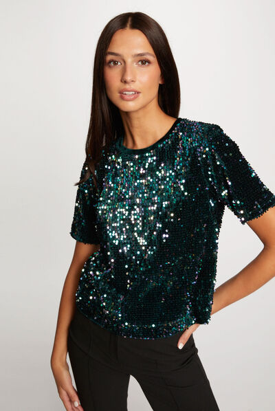 Camiseta manga corta con lentejuelas verde oscuro mujer