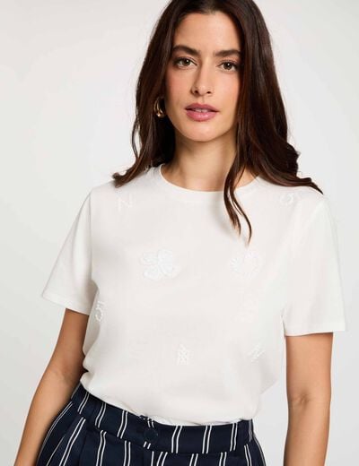 Camiseta bordada cuello redondo blanco mujer