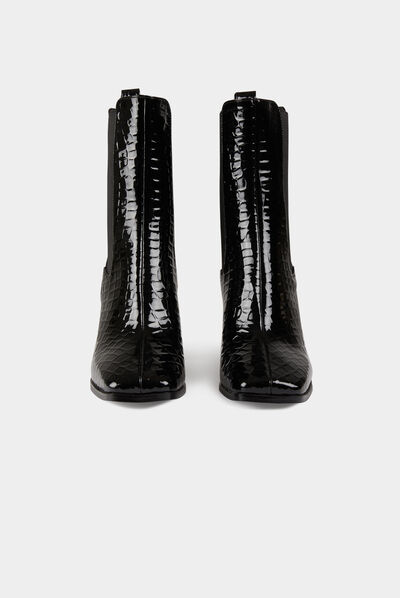 Botines cocodrilo de charol con tacones negro mujer
