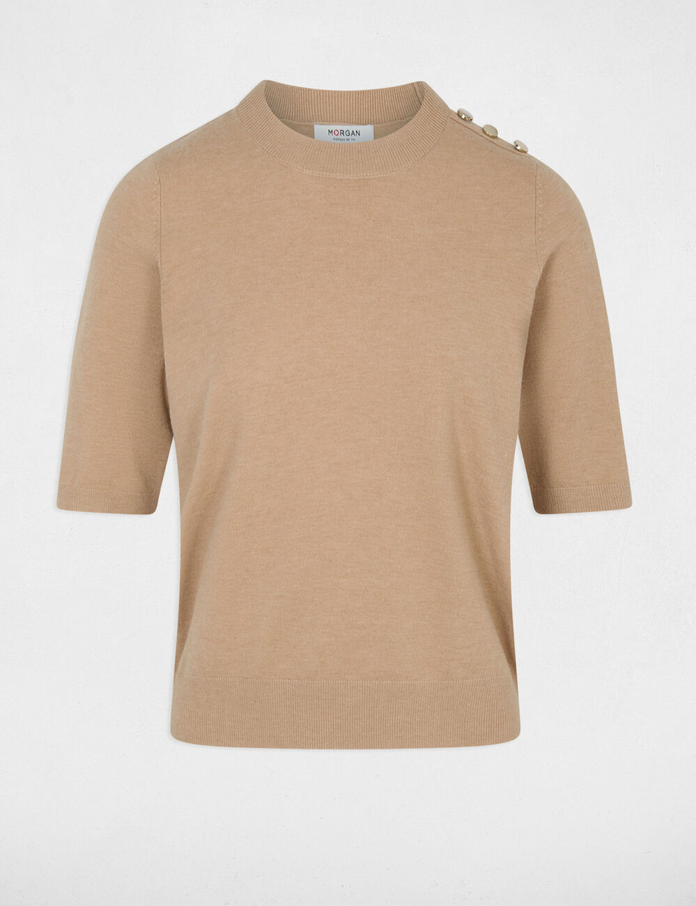 Jersey cuello redondo mangas cortas beige mujer