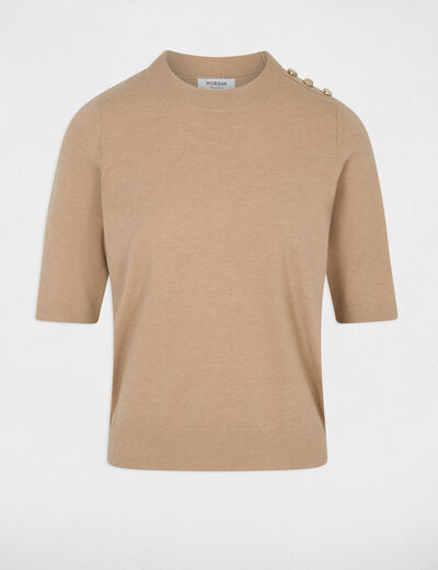 Jersey cuello redondo mangas cortas beige mujer