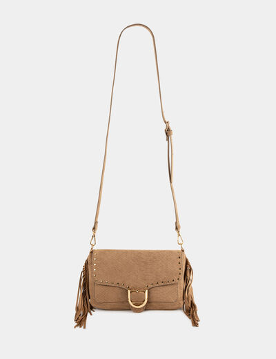 Bolso cocodrilo con flecos y tachuelas arena mujer