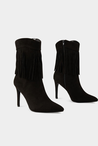 Botines de tacón con flecos negro mujer