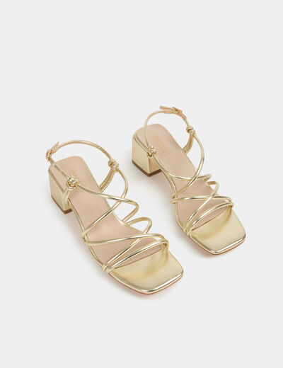 Sandalias de tacón cuadrado dorado mujer