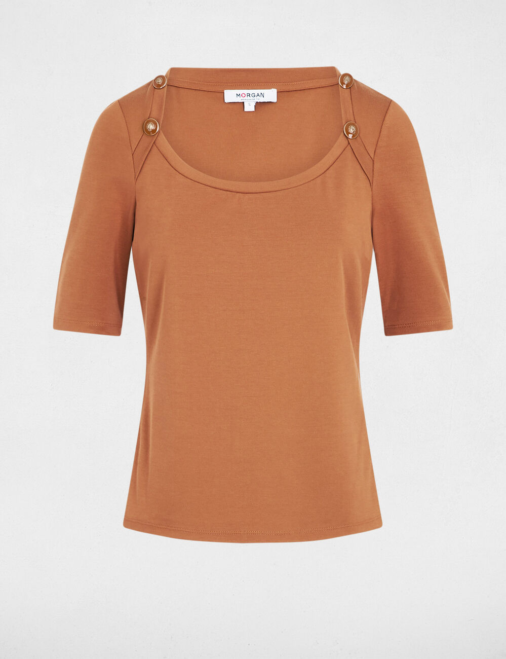 Camiseta ajustada cuello barco c&aacute;mel mujer