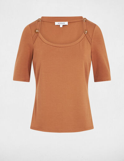Camiseta ajustada cuello barco c&aacute;mel mujer