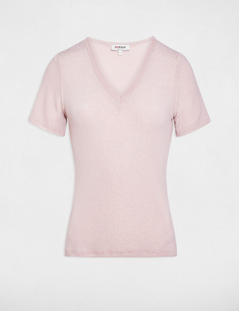 Camiseta manga corta con escote en V rosa claro mujer