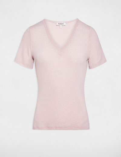 Camiseta manga corta con escote en V rosa claro mujer