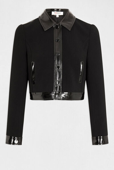 Chaqueta recta con detalles de vinilo negro mujer