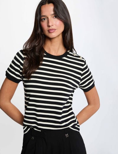 Camiseta de rayas con cuello redondo negro mujer