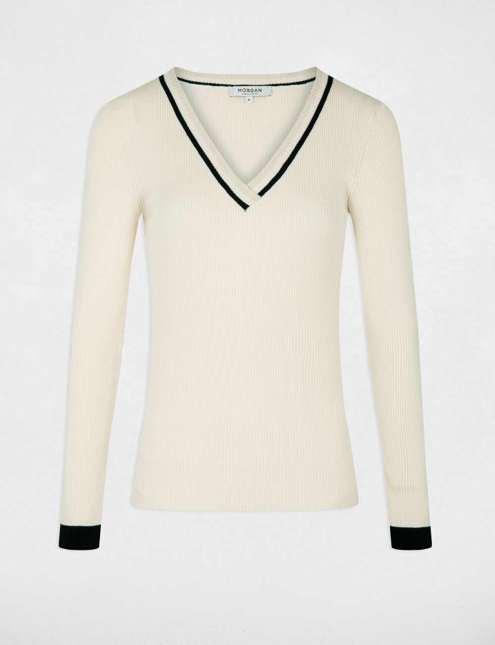 Jersey manga larga con escote en V marfil mujer
