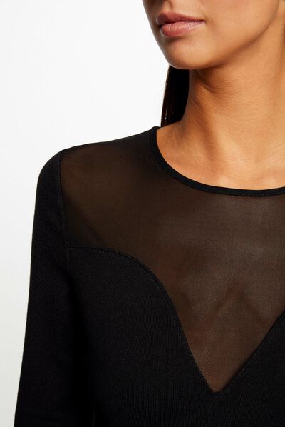 Jersey manga larga con cuello redondo negro mujer