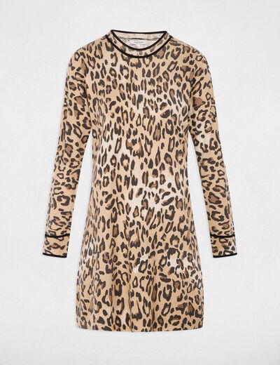 Vestido de punto estampado animal beige mujer