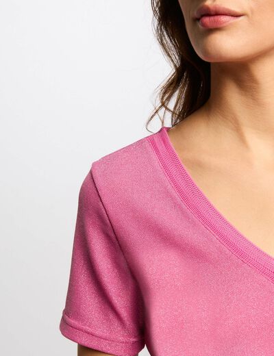 Camiseta manga corta con escote en V rosa mujer