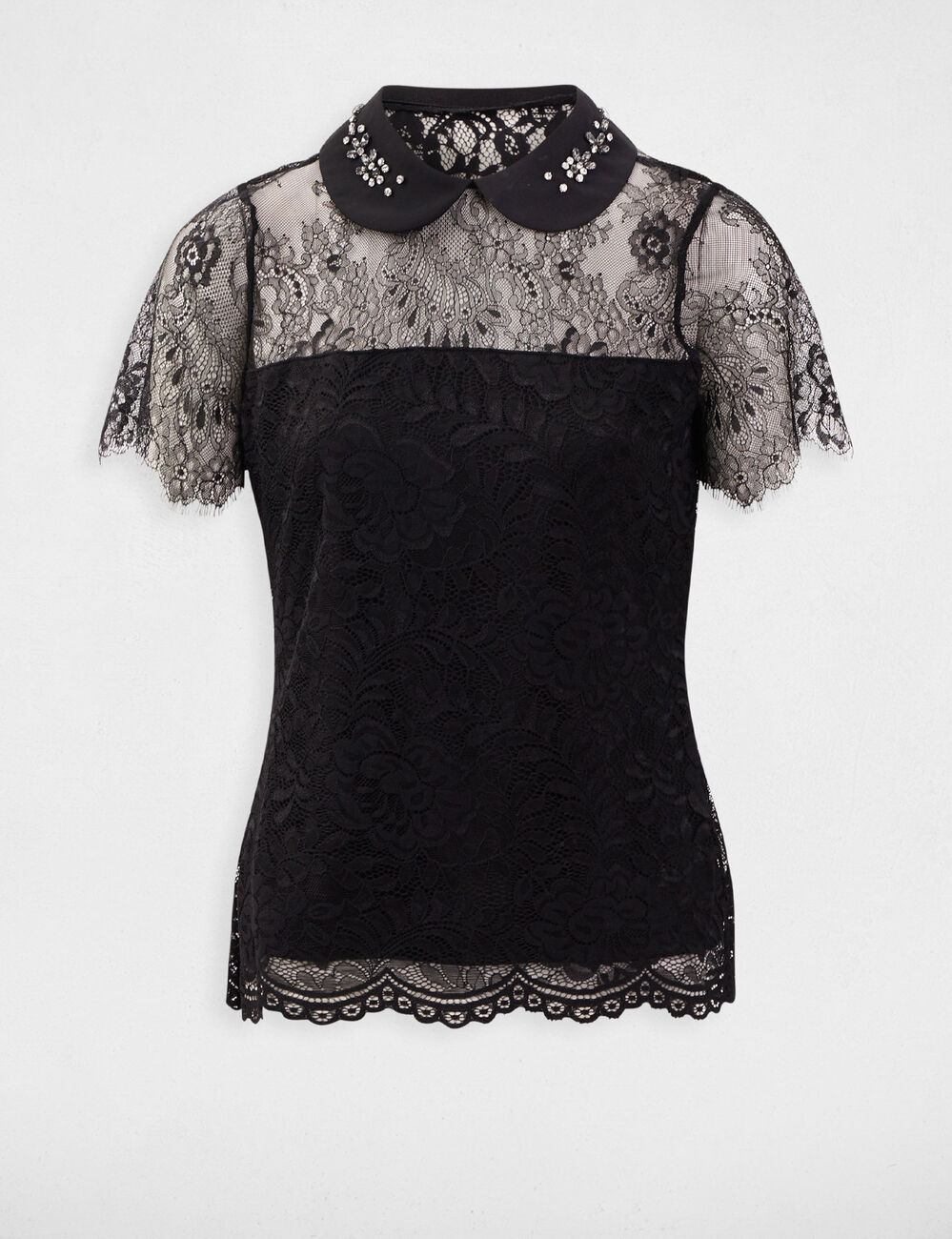 Blusa manga corta con encaje y abertura negro mujer