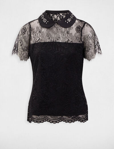 Blusa manga corta con encaje y abertura negro mujer