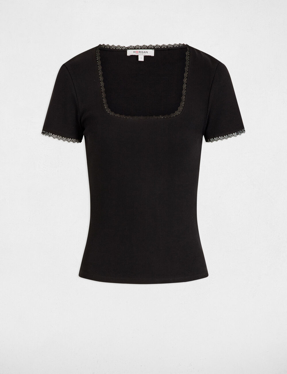 Camiseta acanalada manga corta negro mujer