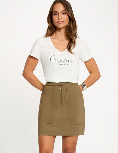 Falda corta con cremallera verde caqui mujer