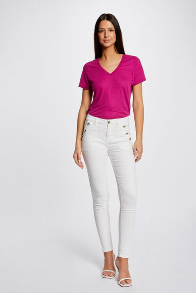 Pantalón skinny con botones crudo mujer
