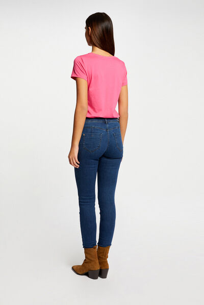 Camiseta de manga corta con mensaje fucsia mujer