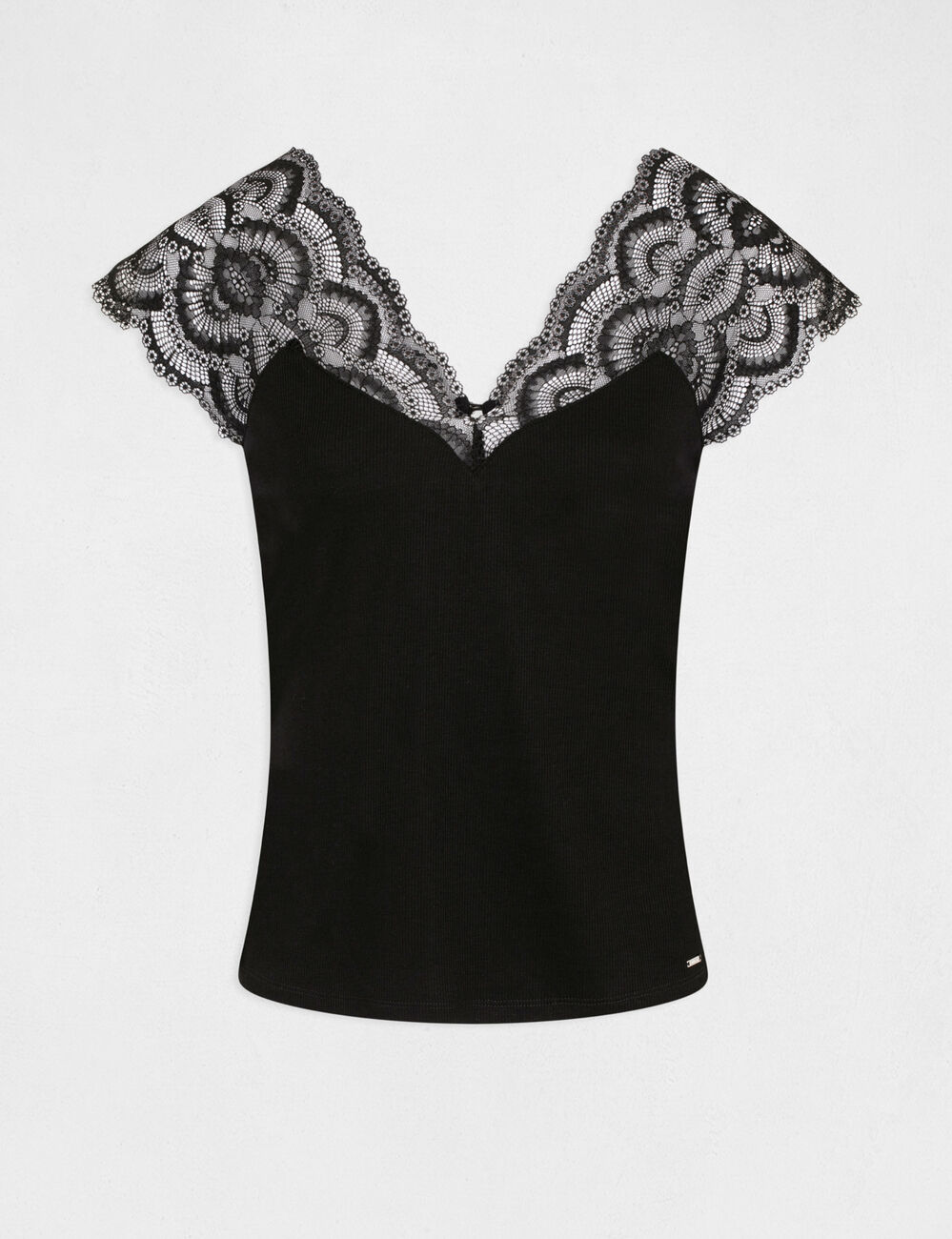 Camiseta manga corta con encaje negro mujer