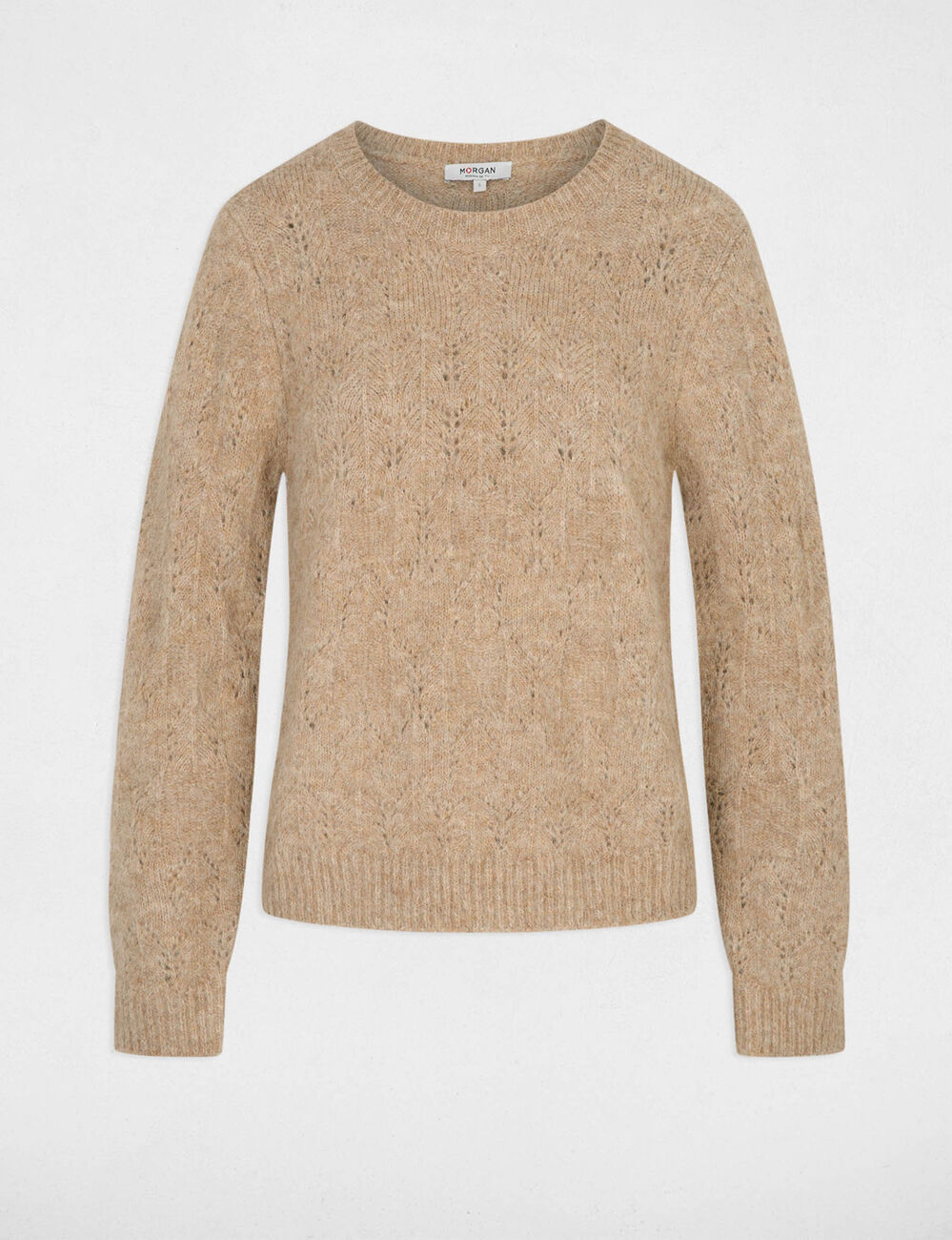 Jersey calado con cuello redondo beige mujer