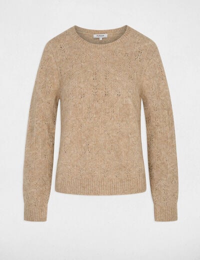 Jersey calado con cuello redondo beige mujer