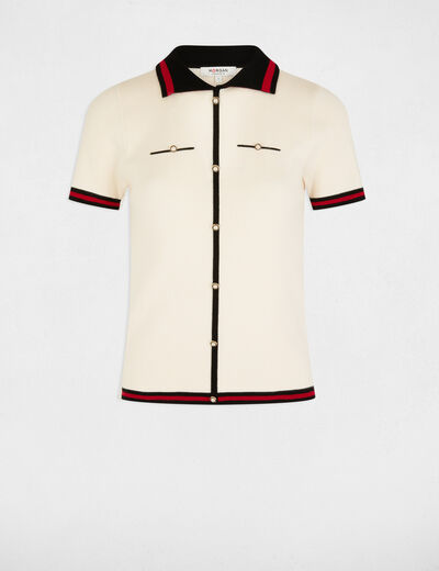 Jersey cuello tipo polo manga corta marfil mujer