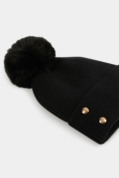 Gorro con botones y pompón negro mujer