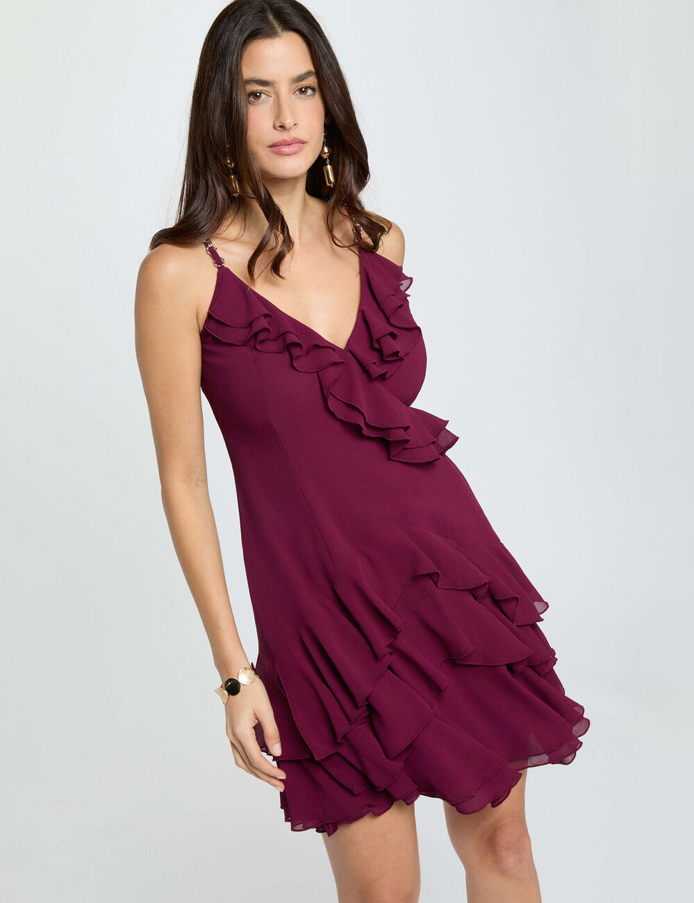 Vestido corto con cuello en V ciruela mujer