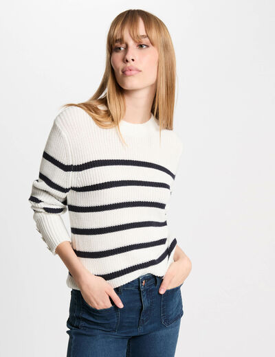 Jersey cuello redondo y rayas blanco mujer