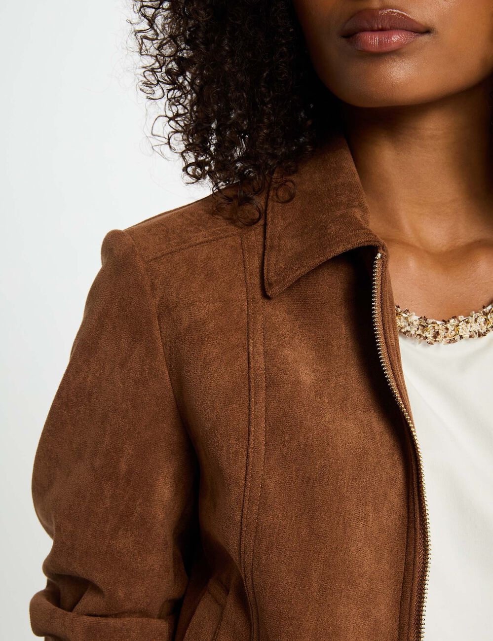 Chaqueta de antelina marrón coñac mujer