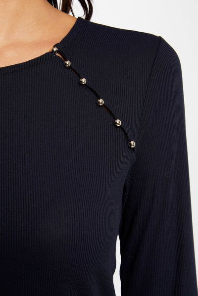 Camiseta manga larga acanalada marino mujer