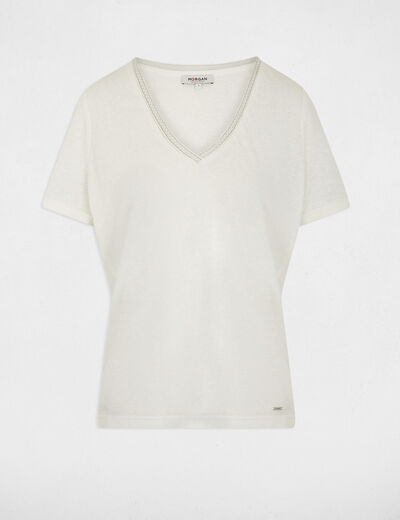 Camiseta con cuello en v con perlas blanco mujer