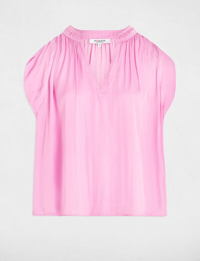 Blusa manga corta satinada rosa mujer