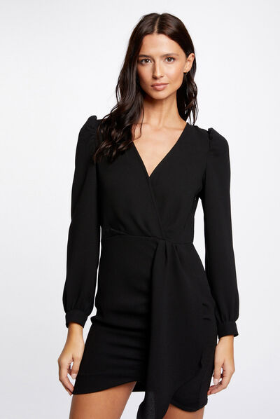 Vestido ajustado drapeado manga larga negro mujer