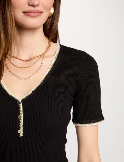 Jersey manga corta acanalado negro mujer