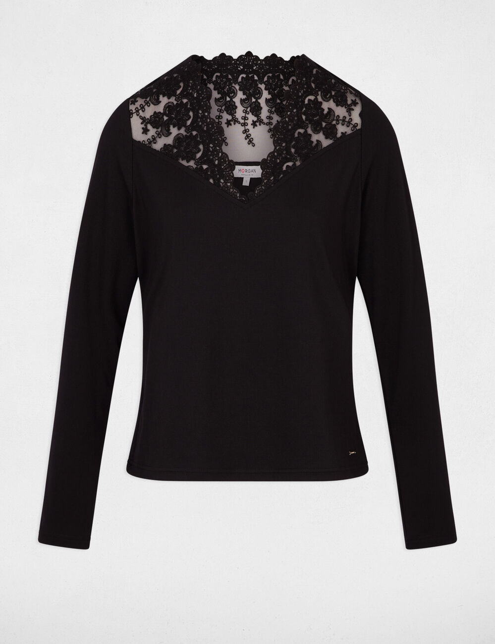Camiseta cuello v encaje negro mujer