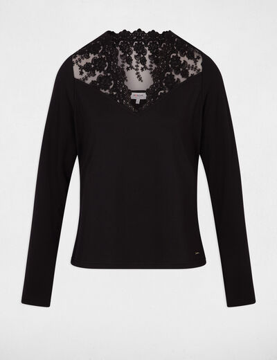 Camiseta cuello v encaje negro mujer