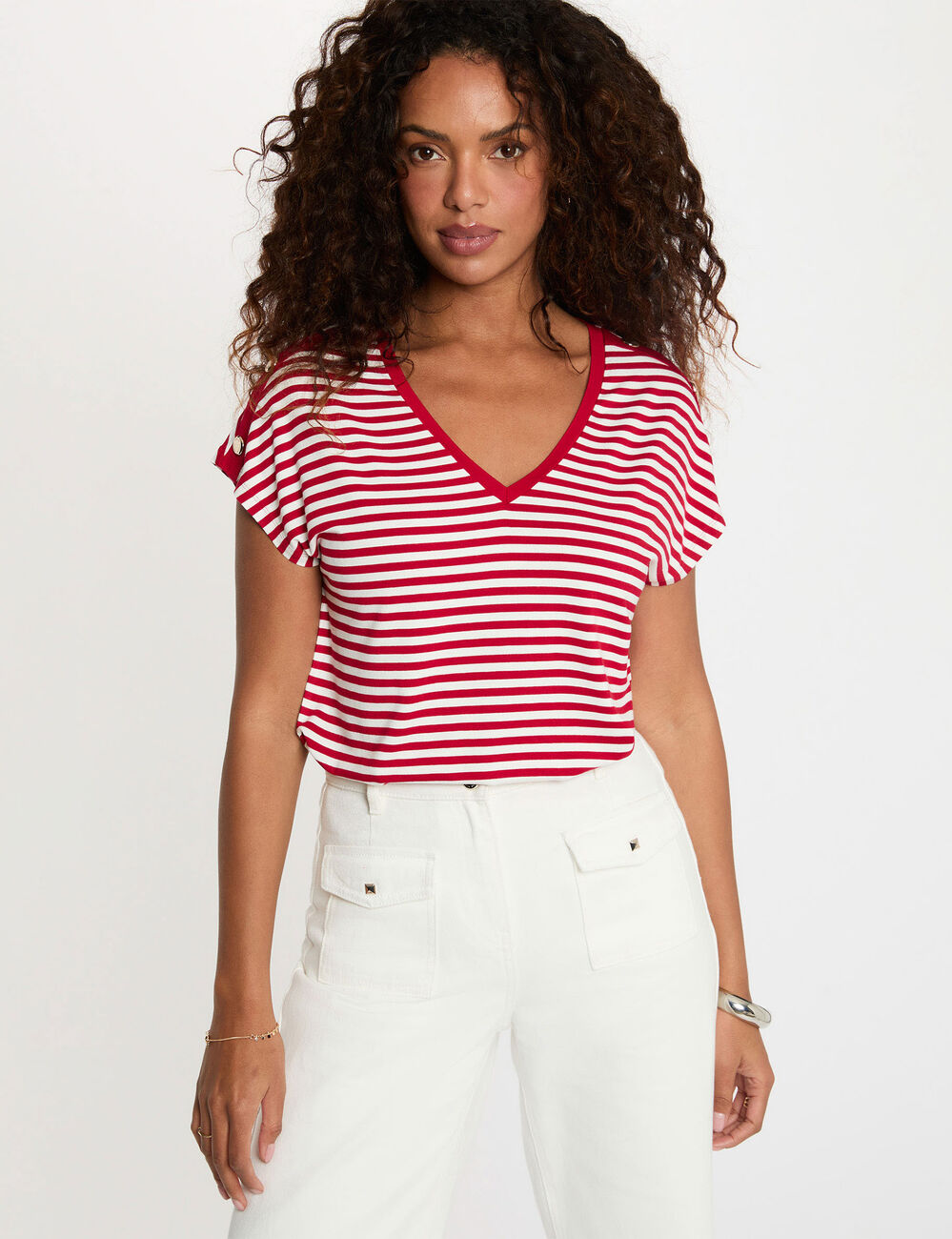 Camiseta de rayas con cuello v blanco mujer