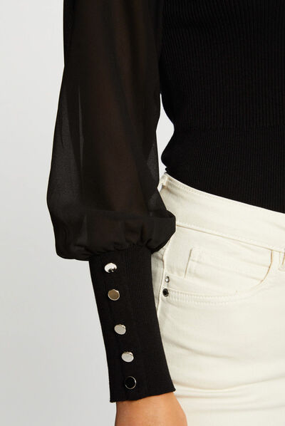 Jersey manga larga semi-transparente negro mujer