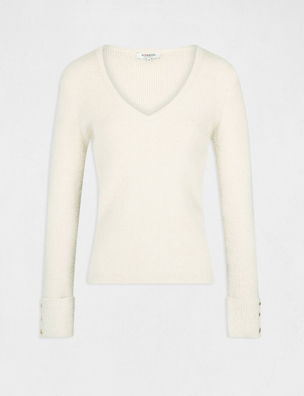 Jersey de cuello en V metalizado marfil mujer