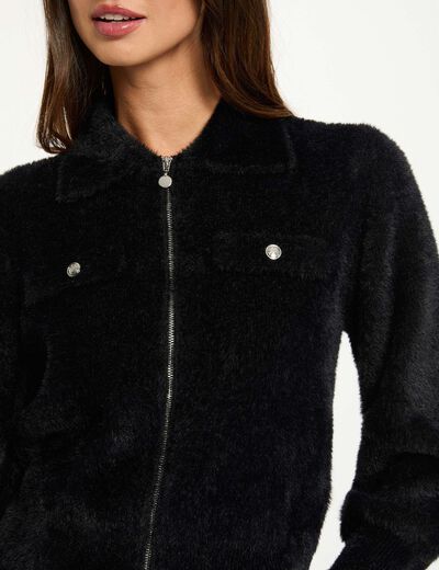 Cárdigan manga larga cuello de solapa negro mujer